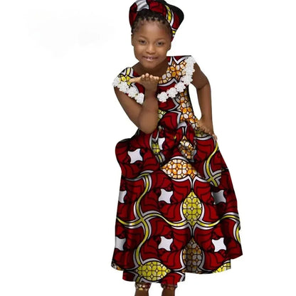 African Dresses for Little Girls Pleated Skirt Gifted Hair Band Lovely Girl Clothing with Big Bow Custom Size Clothes  WYT538