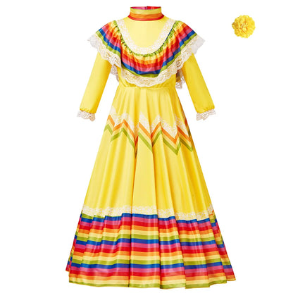 Women Traditional Mexican Folk Dancer Dress for Adult National Mexico Style Cinco De Mayo Costume Bohemia Long