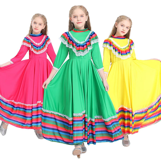 Child Girls Jalisco Traditional Guadalajara Mexican Folk Dancer Costume Halloween Carnival Costumes For Kids 3 Colors Available