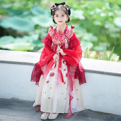 Chinese Vintage Style Girls Long Sleeve Red Hanfu Dress Sweet Chinese Princess Mesh Dress Traditional New Year Cosplay Custom