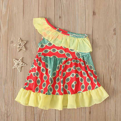 Children's European and American summer girls African Bohemian style curled shoulder dress children's clothing