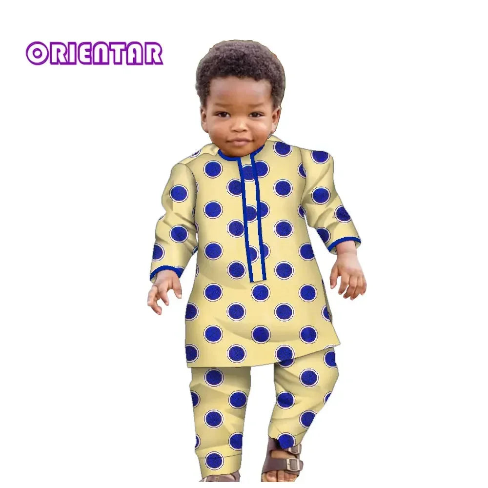 Ankara Fashion Floral Print Boy Suit 2 Pcs Set Long Sleeve Shirt and Pant African Clothes for Boy Dashiki Boy Outfit Wyt621