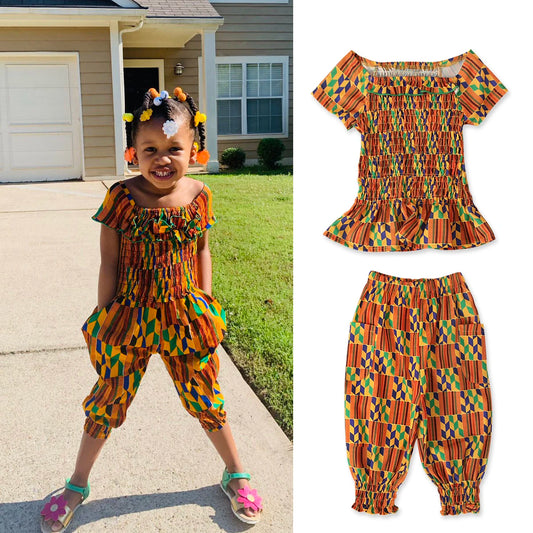 Girls children's European and American summer style African Bohemian style geometric short-sleeved tops and pants two-piece