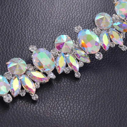 1 Yard Luxury Shiny Glass Strass Bridal Dress Belt Sash Trim Appliques – Clear AB Silver Rhinestones Sew-On Decorations