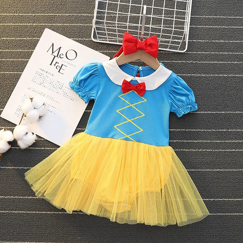 Baby Girls Princess Romper Bodysuit Headband 2pcs Elsa Anna Snow White Mermaid Bell Costumes Newborn Jumpsuits Tulle Bow Rompers