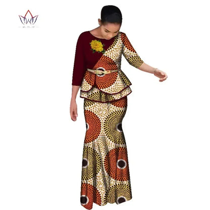 BRW Traditional African Clothes for Women Dashiki 2 Pcs Outfits Rose Applique Tops and Long Skirt Set Elegant Party Dress WY2642