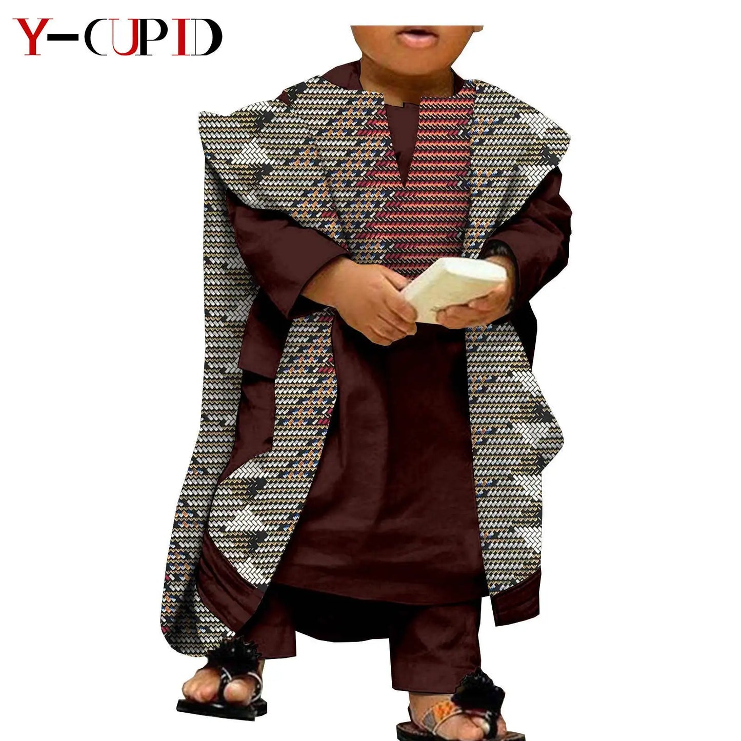 African Clothes for Kids Abaya Boys Outfits Bazin Riche Children Shirt and Pants Print Robes 3 Pieces Sets Ankara Suits S204032