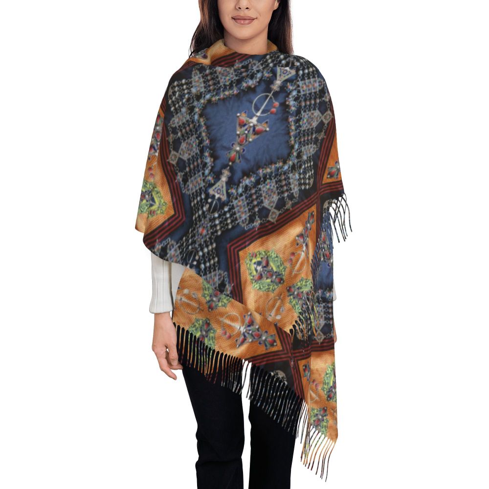 Amazigh Berber Kabyle Jewelry Scarf Wrap Women Long Winter Fall Warm Tassel Shawl Unisex Africa Ethnic Style Scarves