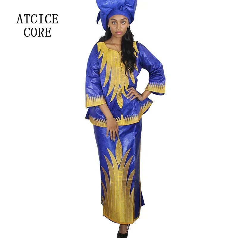 African Dresses For Women Church Dress Bazin Riche Embroidery Design Robe Top Scarf Three Pcs One Set