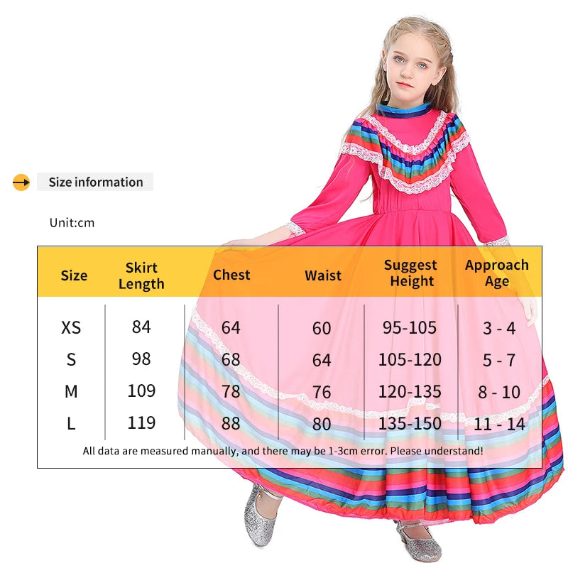 Child Girls Jalisco Traditional Guadalajara Mexican Folk Dancer Costume Halloween Carnival Costumes For Kids 3 Colors Available