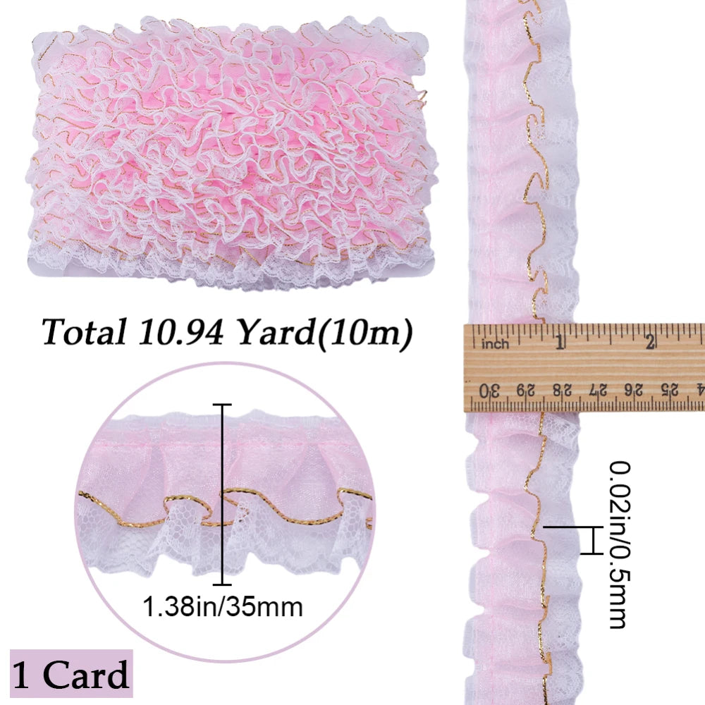 11 Yards Pink Double-Layer Pleated Chiffon Lace Trim 5cm Wide 2-Layer Gathered Ruffle Trim Edging Tulle Trimmings Fabric Ribbon