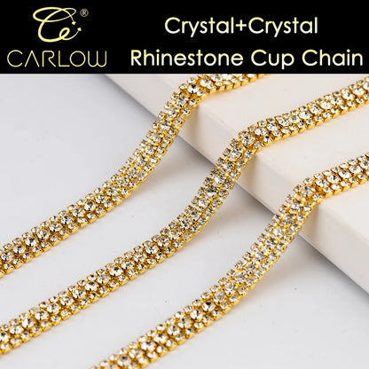 CARLOW AAAAA 3 Rows Rhinestone Cup Chain Sew on Shiny Gold Base Glass Stone Chain for Garement Decoration DIY