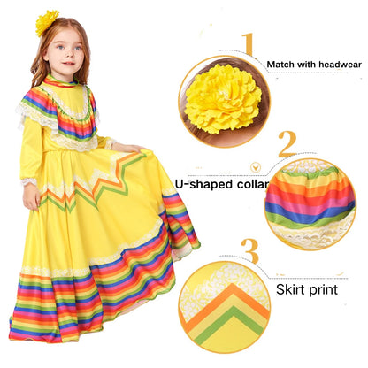 Child Girls Jalisco Traditional Guadalajara Mexican Folk Dancer Costume Halloween Carnival Costumes For Kids 5 Colors Available