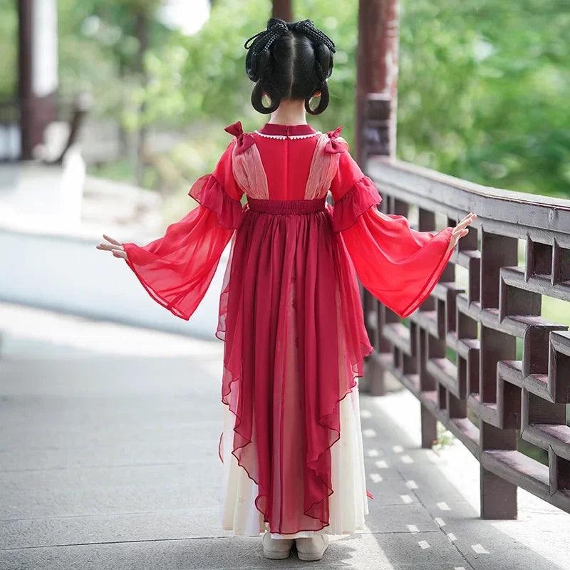 Chinese Vintage Style Girls Long Sleeve Red Hanfu Dress Sweet Chinese Princess Mesh Dress Traditional New Year Cosplay Custom