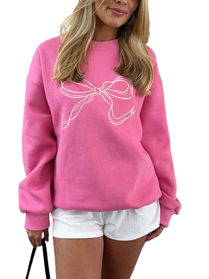 Cute Pink Bow Prints Hoodie for Women Fall Casual Loose Round Neck Long Sleeve Sweatshirts Female Spring Pullovers Tops Coat Y2K