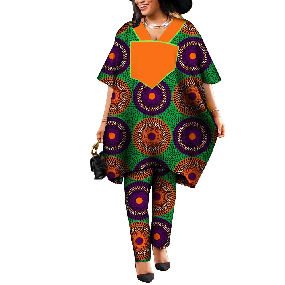 Ankara African Prints Two Pieces Set Women's Agbada Pant Suits Wax Cotton Loose T-Shirt Dashiki Clothing Plus Size WY9100