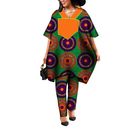 Ankara African Prints Two Pieces Set Women's Agbada Pant Suits Wax Cotton Loose T-Shirt Dashiki Clothing Plus Size WY9100