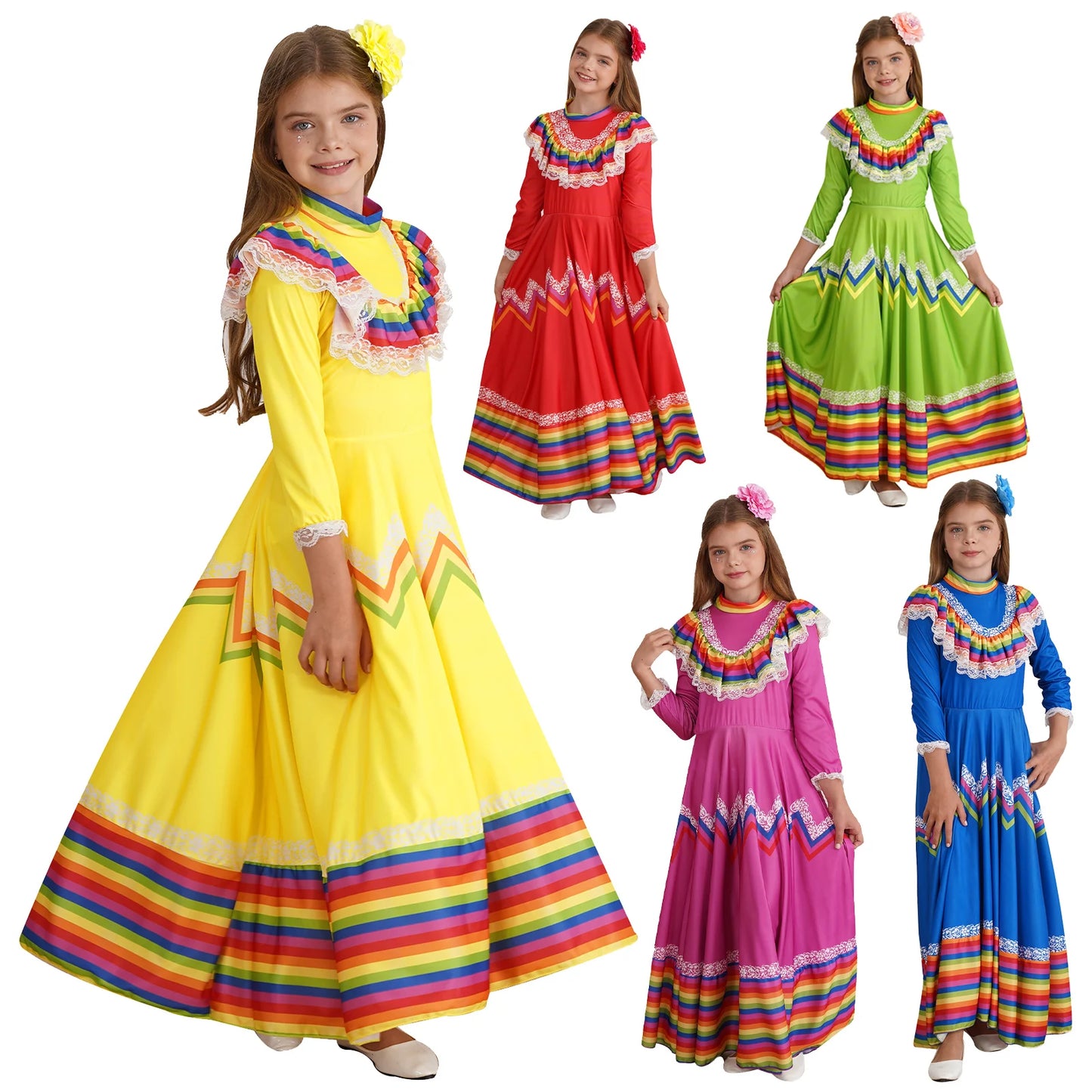 Kids Girls Mexican Style Costume Traditional Jalisco Dresses Carnival Festival Folklorico Dance Celebrations Performance Dress