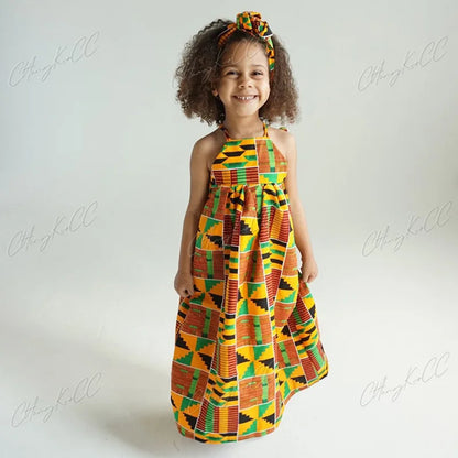 Girls African Clothes Children Fashion Cute Dresses Striped Print Dress for Baby w/ Headband Toddler Outfits