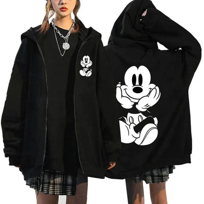 2024 Women's New Hoaodies Disney Products Mickey Mouse Pattern Sweatshirt Jacket Fall Winter Long Sleeve Oversized Zip Hoodies