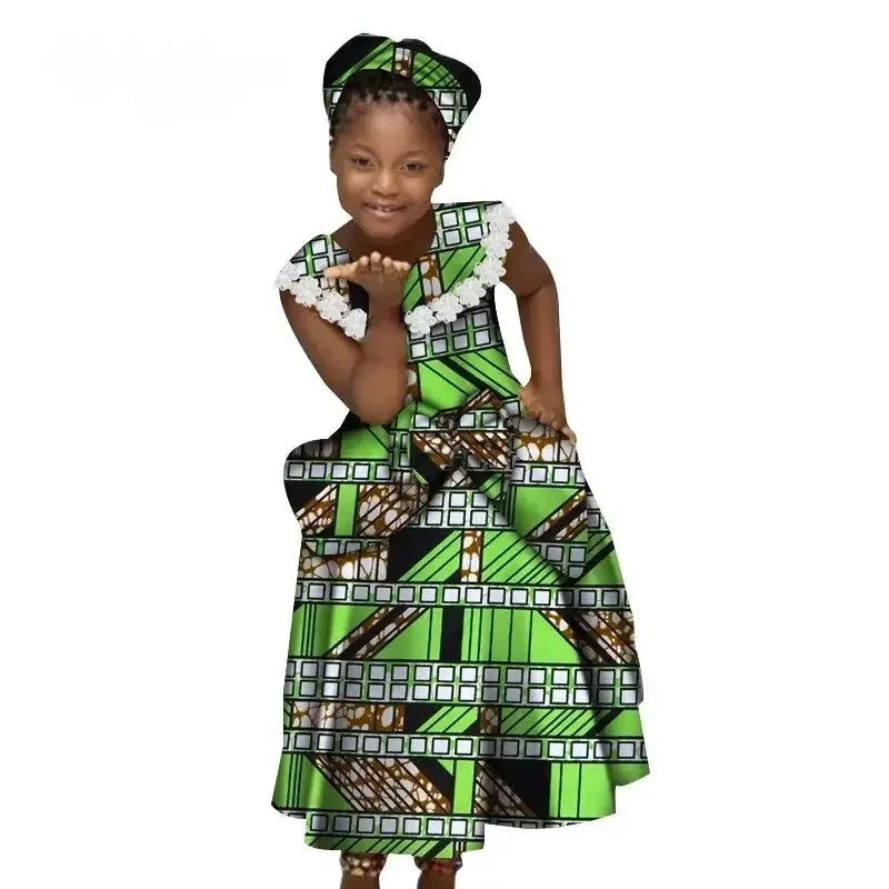 African Dresses for Little Girls Pleated Skirt Gifted Hair Band Lovely Girl Clothing with Big Bow Custom Size Clothes  WYT538