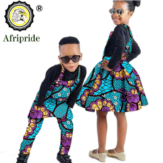 African Children Clothing Wax Print Ankara Boy Suspender Trousers And Girl Suspender Skirt 100% Cotton AFRIPRIDE S204014