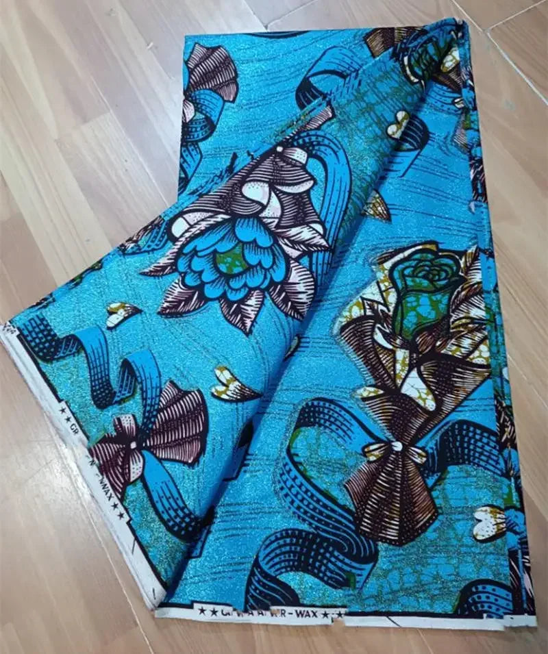 New Grand African Wax Glitter Glam Fabric Cotton Ankara Batik Material Good Quality Pagne Blue Color For Sewing Wedding Dress