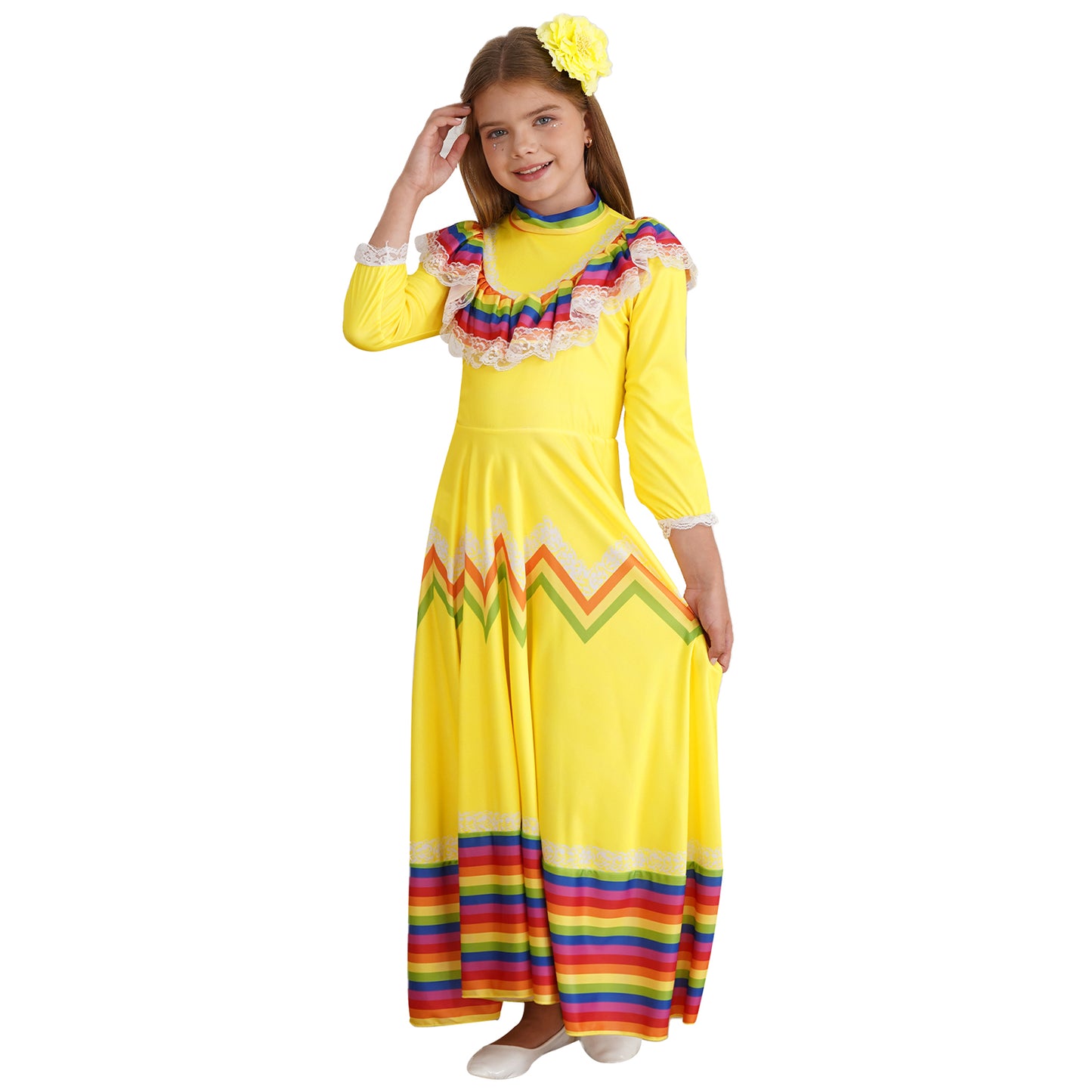 Kids Girls Mexican Style Costume Traditional Jalisco Dresses Carnival Festival Folklorico Dance Celebrations Performance Dress