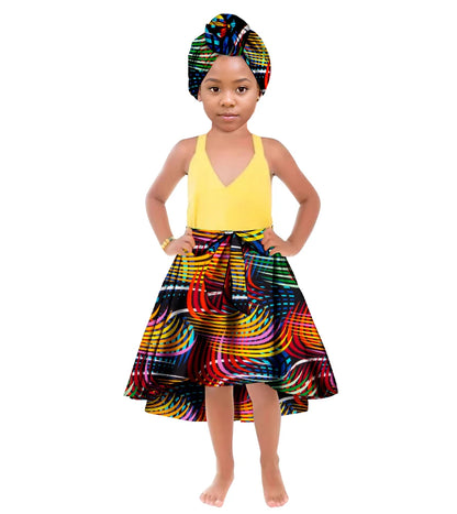 ORIENTAR African Girl's Clothes for Long Ankala Print Skirt Take A Headscarf To The Knees Children Clothing WYT842