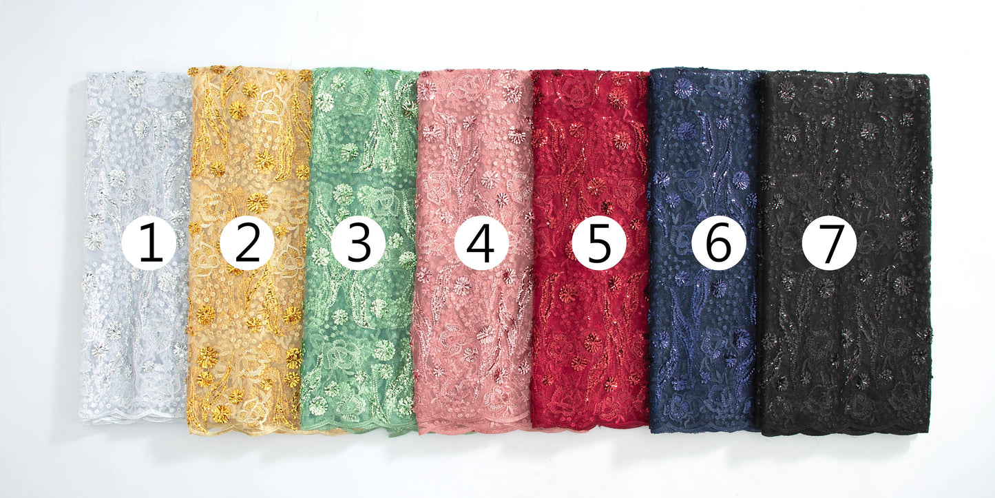 African Tulle Lace Fabric 5 Yards High Quality Nigerian Sequins Tulle Lace Fabric For Sew Wedding Dress Women Diy Cloth F3733