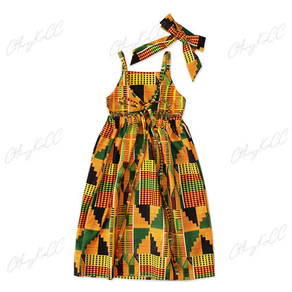 Girls African Clothes Children Fashion Cute Dresses Striped Print Dress for Baby w/ Headband Toddler Outfits