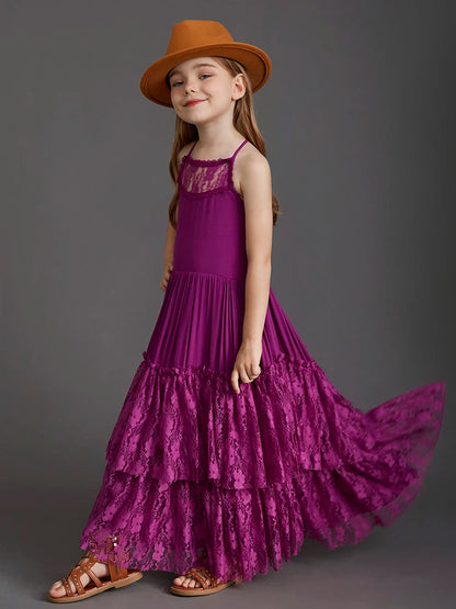 New 2024 Princess Girls Short Sleeve Lace Long Floor Dresses Baby Kids Flower Wedding Christmas Party Vestidos Children Clothing