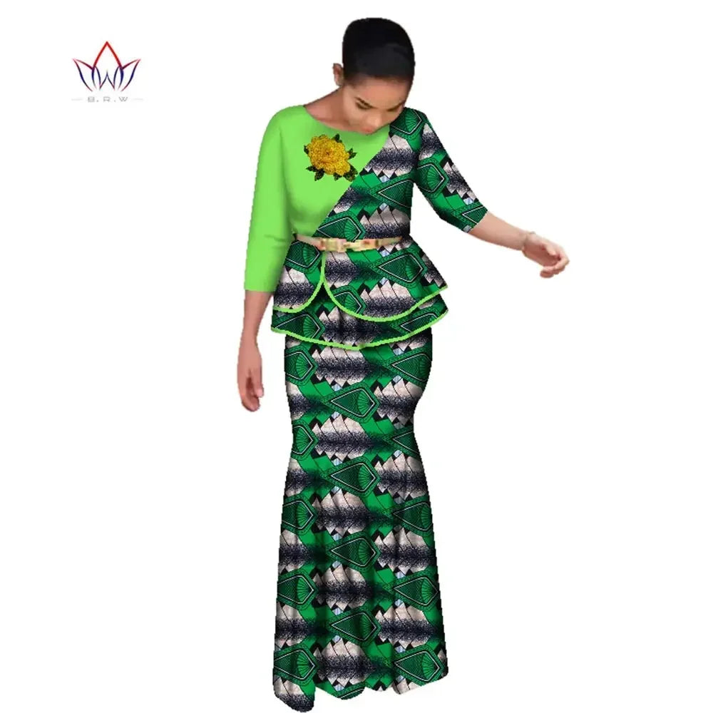 BRW Traditional African Clothes for Women Dashiki 2 Pcs Outfits Rose Applique Tops and Long Skirt Set Elegant Party Dress WY2642