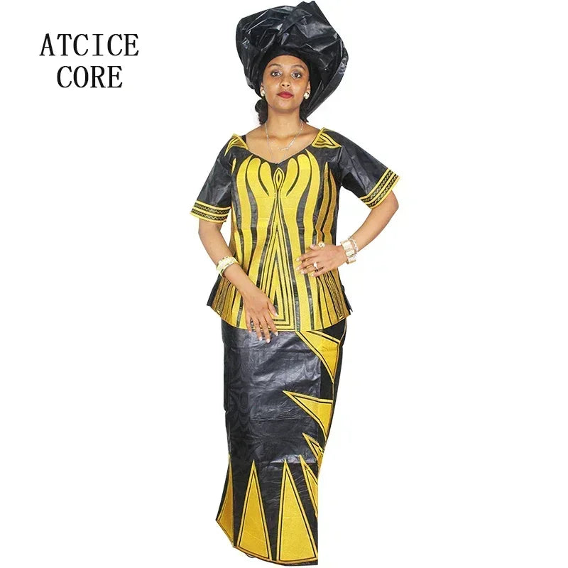 African Dresses For Women African Fabric Bazin Riche Embroidery Design Dress Long Dress With Headtie African Clothes