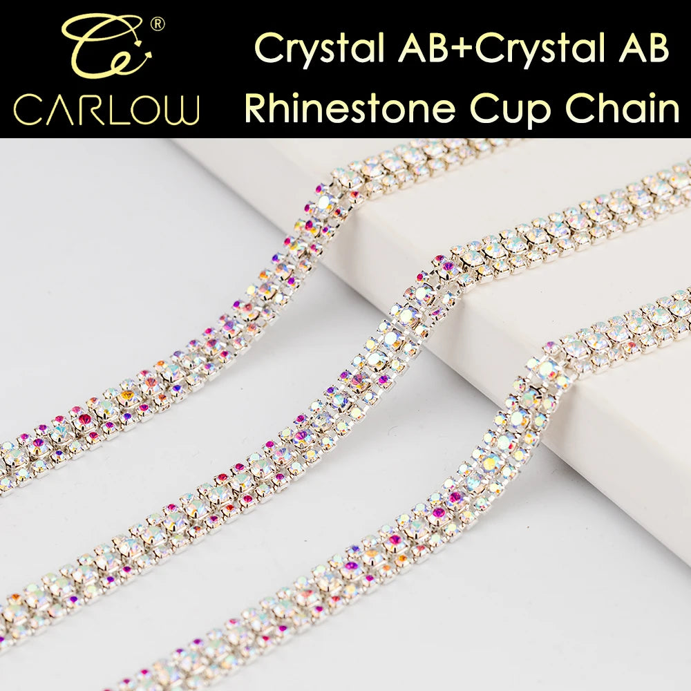 CARLOW AAAAA 3 Rows Rhinestone Cup Chain Sew on Shiny Gold Base Glass Stone Chain for Garement Decoration DIY