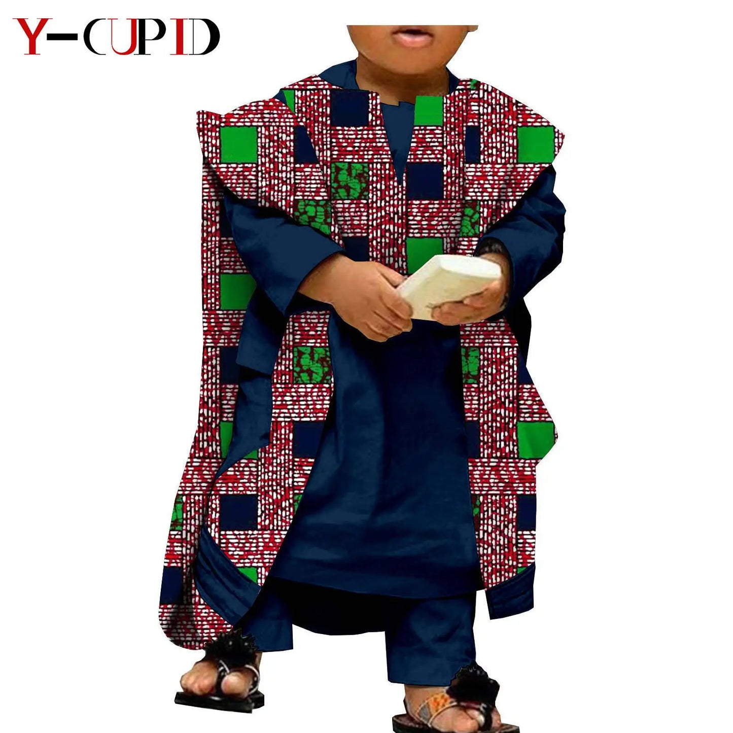 African Clothes for Kids Abaya Boys Outfits Bazin Riche Children Shirt and Pants Print Robes 3 Pieces Sets Ankara Suits S204032