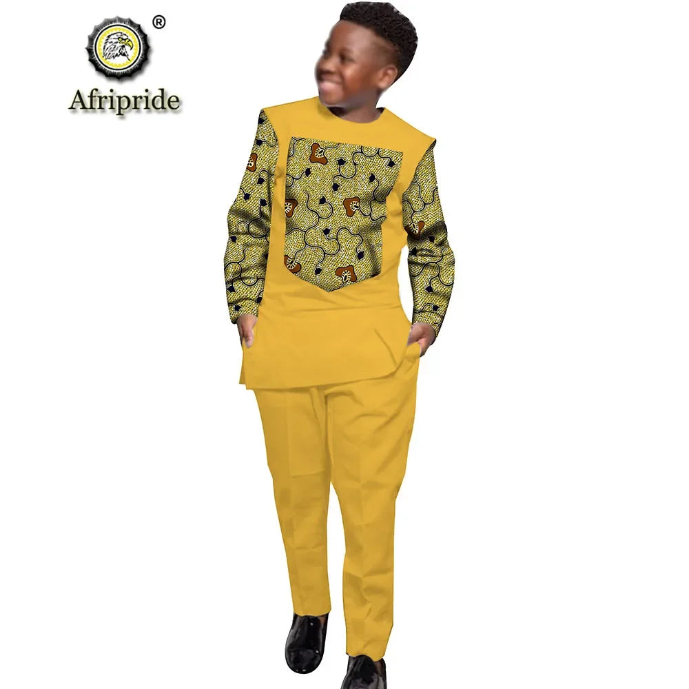 African Clothing for Boy Suit with Long Sleeves Wax Print Anakara Clothing  Dashiki Shirts and Ankara Pants AFRIPRIDE S204004