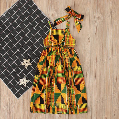 Girls African Clothes Children Fashion Cute Dresses Striped Print Dress for Baby w/ Headband Toddler Outfits