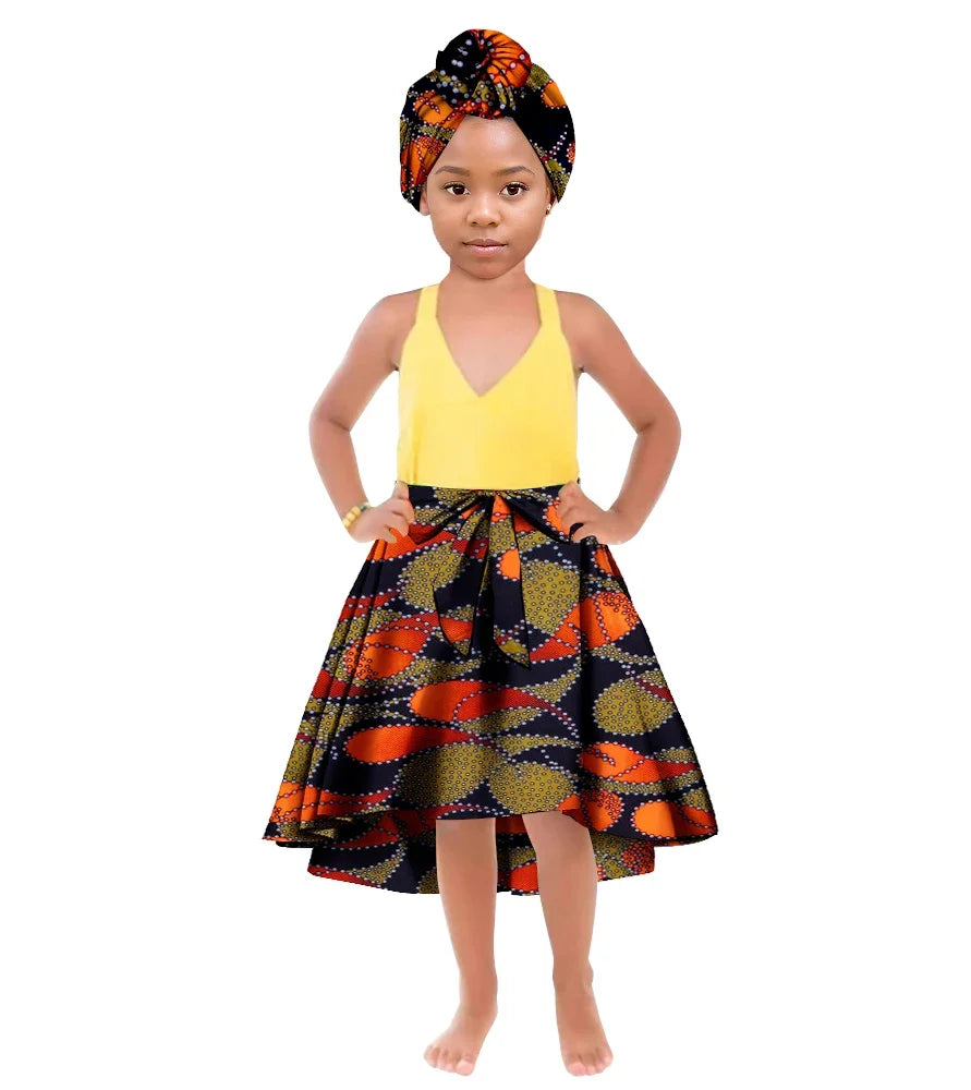 ORIENTAR African Girl's Clothes for Long Ankala Print Skirt Take A Headscarf To The Knees Children Clothing WYT842