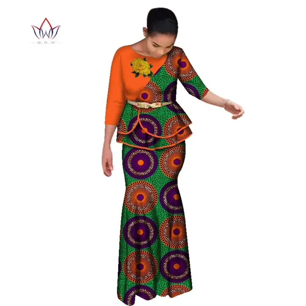 BRW Traditional African Clothes for Women Dashiki 2 Pcs Outfits Rose Applique Tops and Long Skirt Set Elegant Party Dress WY2642