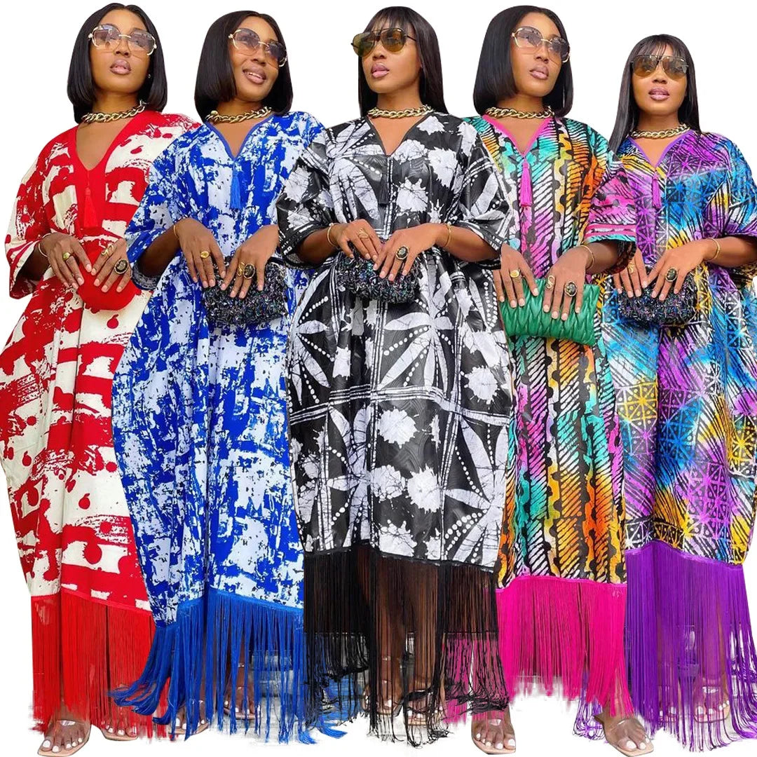 2024 African Dresses for Women Tassels African Fashion Boubou Dashiki Ankara Outfits Evening Gown Abayas Printing  Kaftan Robe