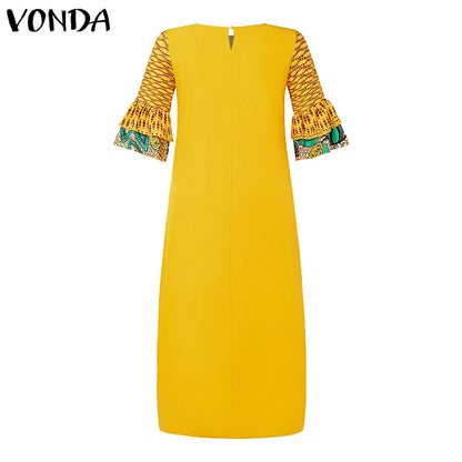 Plus Size 5XL VONDA Women Maxi Dress 2024 Vintage Printed Flare Sleeve Sundress Elegant Party Long Dress Vestido Loose Robe