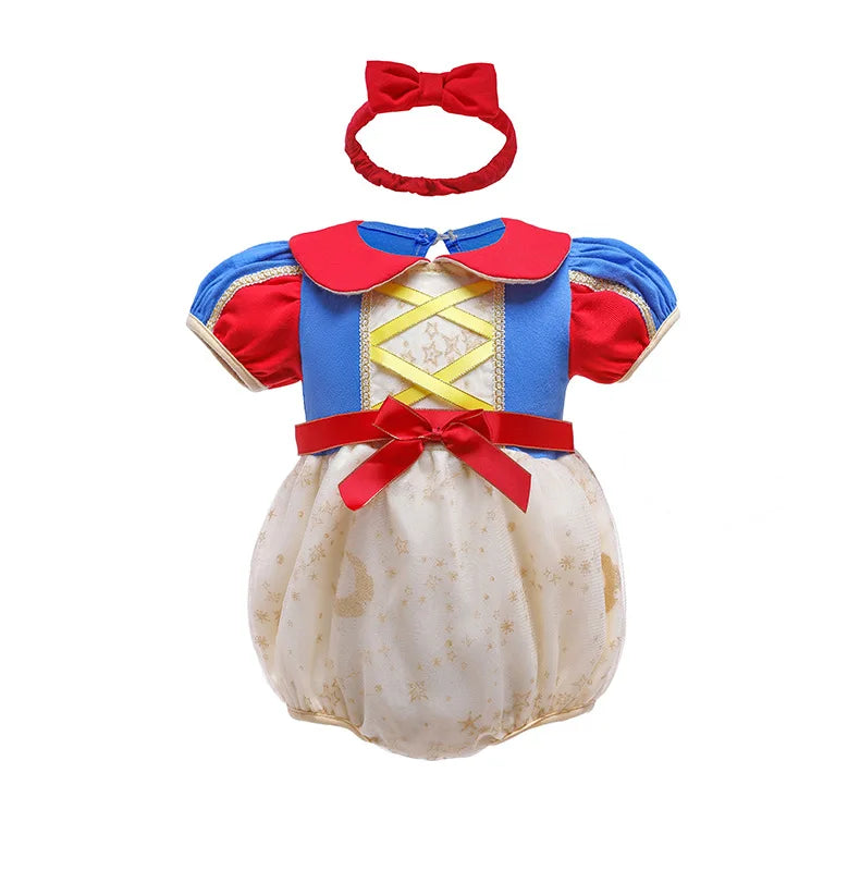 Baby Girls Princess Romper Bodysuit Headband 2pcs Elsa Anna Snow White Mermaid Bell Costumes Newborn Jumpsuits Tulle Bow Rompers