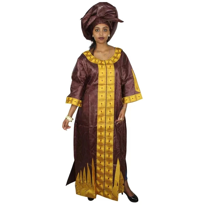 African Dresses For Woman Bazin Riche Embroidery Desing Long Dress With Scarf 2 Piece Set