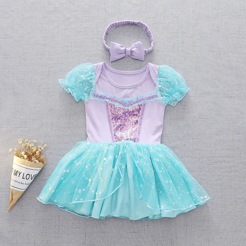 Baby Girls Princess Romper Bodysuit Headband 2pcs Elsa Anna Snow White Mermaid Bell Costumes Newborn Jumpsuits Tulle Bow Rompers