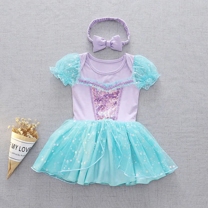 Baby Girls Princess Romper Bodysuit Headband 2pcs Elsa Anna Snow White Mermaid Bell Costumes Newborn Jumpsuits Tulle Bow Rompers