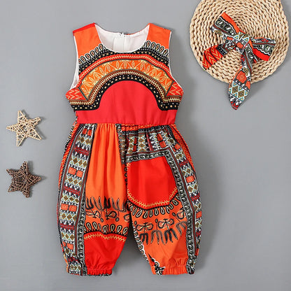 Girls Summer African Bohemian Style Sleeveless Bodysuit Long Romper + Hairband 2 Pieces Children's Clothing