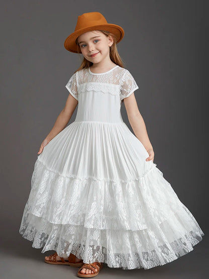 New 2024 Princess Girls Short Sleeve Lace Long Floor Dresses Baby Kids Flower Wedding Christmas Party Vestidos Children Clothing