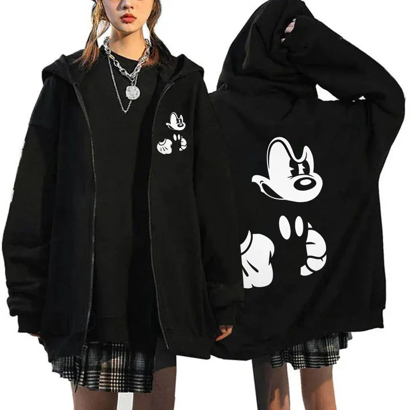 2024 Women's New Hoaodies Disney Products Mickey Mouse Pattern Sweatshirt Jacket Fall Winter Long Sleeve Oversized Zip Hoodies