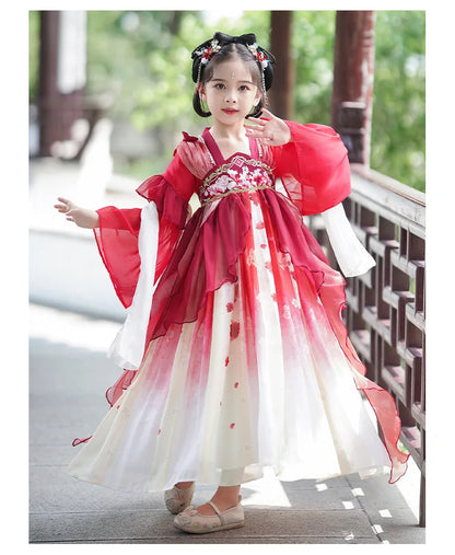 Chinese Vintage Style Girls Long Sleeve Red Hanfu Dress Sweet Chinese Princess Mesh Dress Traditional New Year Cosplay Custom